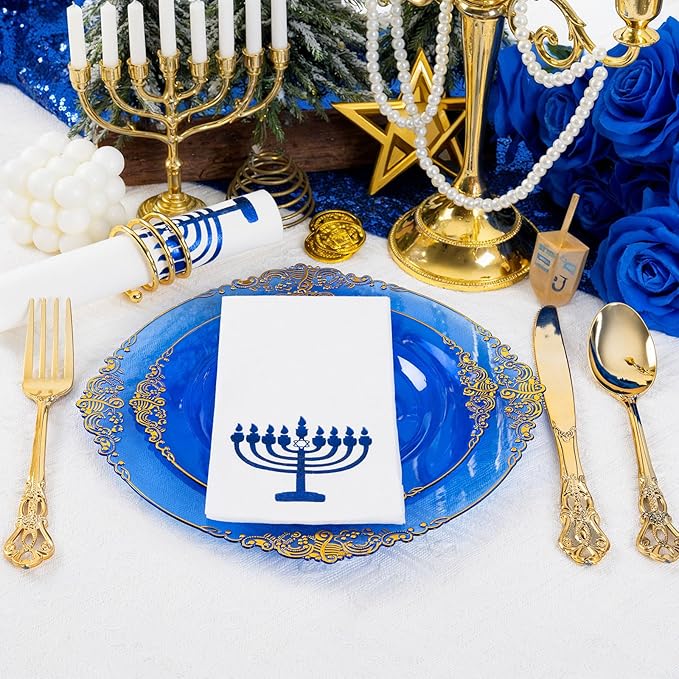 50 Pack Hanukkah Napkins - Blue and White Paper Napkins - Heavy Duty Cloth-Like Feel Napkin with Menorah Candles - Disposable Hand Towels for Kitchen Table Bathroom Holiday Decor