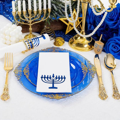 50 Pack Hanukkah Napkins - Blue and White Paper Napkins - Heavy Duty Cloth-Like Feel Napkin with Menorah Candles - Disposable Hand Towels for Kitchen Table Bathroom Holiday Decor