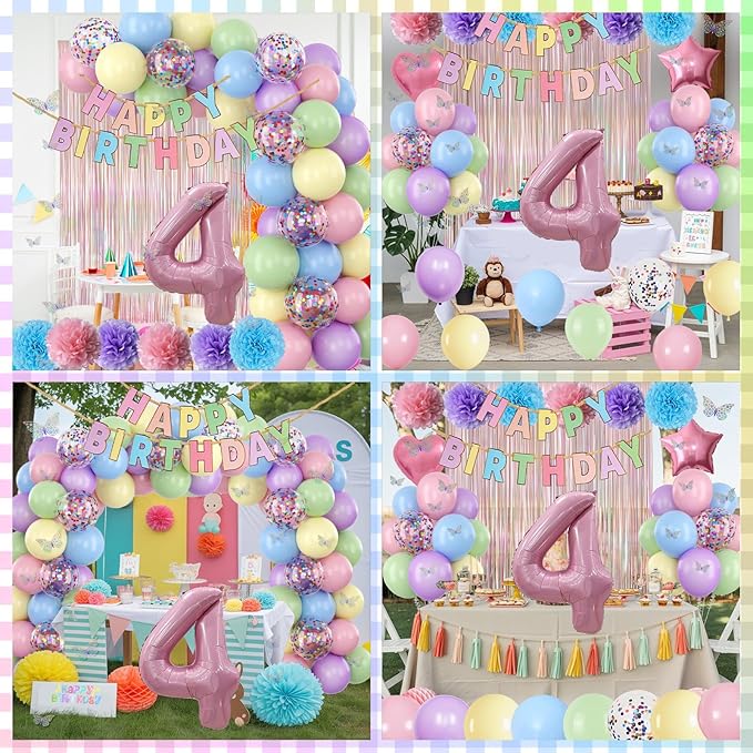 Pastel 4th Birthday Party Decorations for Girls Number 4 Balloon Happy Birthday Banner Butterfly Stickers Fringe Curtain Paper Pom Poms Macaron Pink Star Heart Foil Colorful Balloons 4 Year Old Decor