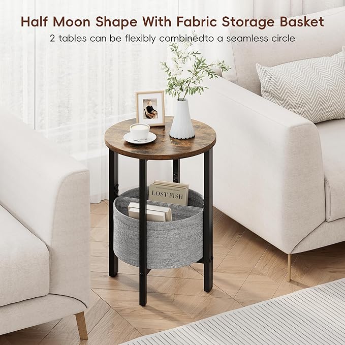 Vagusicc Small Round Side Table, Accent End Table with Storage Basket, Set of 2 Half Round Coffee Table End Table, Half Moon Bedside Table, Modern Nightstand Couch Table for Living Room Bedroom, Brown