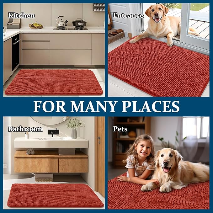 OLANLY Dog Door Mat for Muddy Paws 70x24, Absorbs Moisture and Dirt, Absorbent Non-Slip Washable Doormat, Quick Dry Chenille Mud Mat for Dogs, Entry Indoor Entryway Carpet for Inside Floor, Maple Red