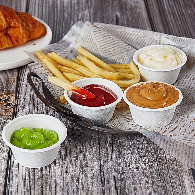 Vplus 500 Pack 2 OZ Disposable Souffle Cups, 100% Compostable Portion Cups, Made From Bagasse Fibe, Perfect For Dips, Food Sample, Jams, Honey, Sauces, Nuts