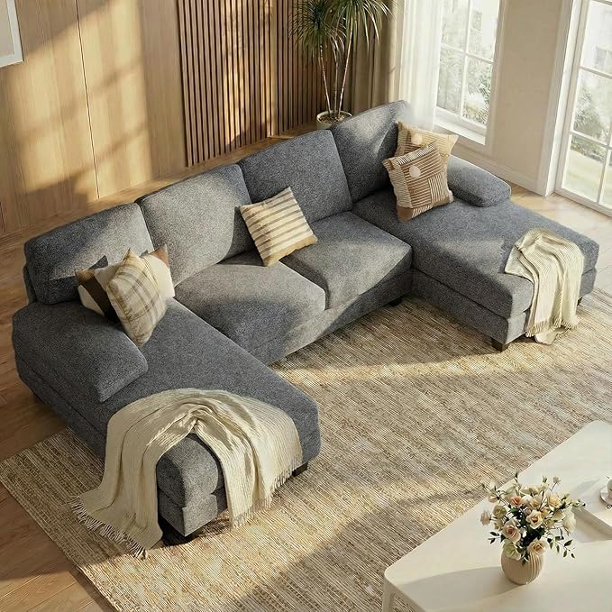 Homall Modular Sectional U Shaped Sofa Couches for Living Room, Comfy Loop Yarn 4 Seat Sofa Set with Removable Pillows, Lounge Chaise Upholstered Couch for Apartment (Loop Yarn, Pearl Gray)