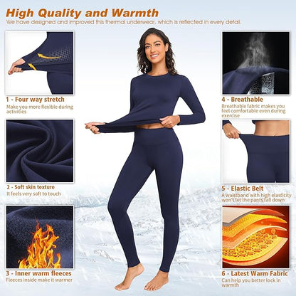 Thermal Underwear Women Long Johns Set Fleece Lined Warm Base Layer Long Sleeve for Weather Top Bottom Pajama