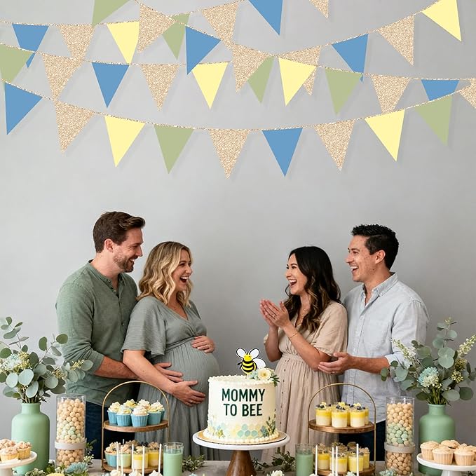 Champagne Gold Dusty Blue Sage Green Yellow Pennant Banner Flag Olive Green Macaron Yellow Blue Hanging Glitter Paper Triangle Bunting for Baby Shower Birthday Wedding Hen Party Decorations Supplies