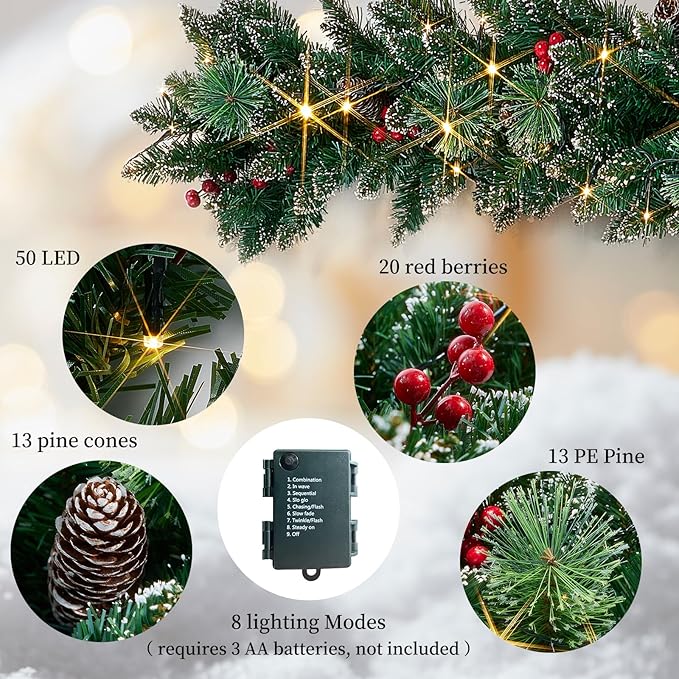 Christmas Garland with Lights, Battery Powered 8 Lighting Modes, 9FT 50 LED Luminous Christmas Decorations Indoor Home Decor.