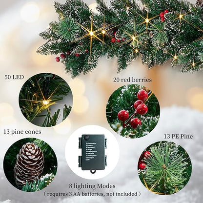 Christmas Garland with Lights, Battery Powered 8 Lighting Modes, 9FT 50 LED Luminous Christmas Decorations Indoor Home Decor.
