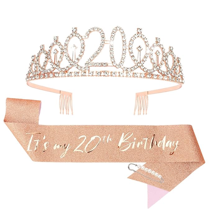CIEHER 20th Birthday Crown and Sash for Girls, It's My 20 Bday Sash, 20th Birthday Decorations Rose Gold