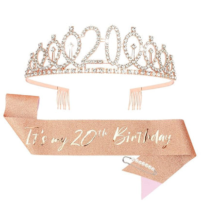 CIEHER 20th Birthday Crown and Sash for Girls, It's My 20 Bday Sash, 20th Birthday Decorations Rose Gold
