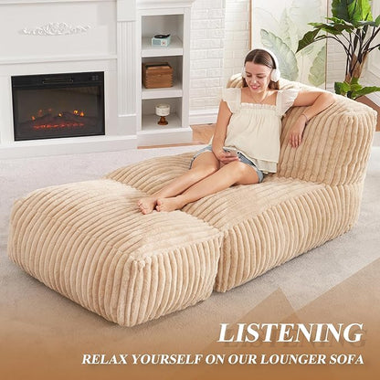 Hobestluk Big Bean Bag Lounger Chairs Large Beanbag Chair for Adults Bean Bag Sofa with Memory Foam Filled for Living Room, Bedroom or Balcony (Stripe Khaki)