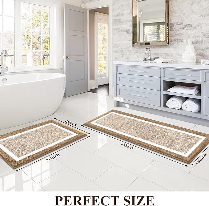 Pauwer Bathroom Rugs Sets 2 Piece, Non Slip Bath Mats for Bathroom, Absorbent Bath Rugs Floor Mat, Machine Washable Shower Rugs for Bath Floor, Tub and Shower, Khaki