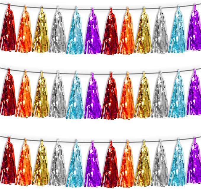 3P Lake Blue Orange-Red-Gold-Silver-Purple Tassel Banner Garland Metallic Foil Fringe Banner Tinsel Tassels Streamer Banner Backdrop for Parade Floats,Graduation Wedding Party Decorations