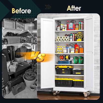 75''H Metal Garage Storage Cabinet with Wheels,Steel File Cabinets with 2 Doors and 5 Adjustable Shelves for Home Office, Warehouse, Required Assembly,White
