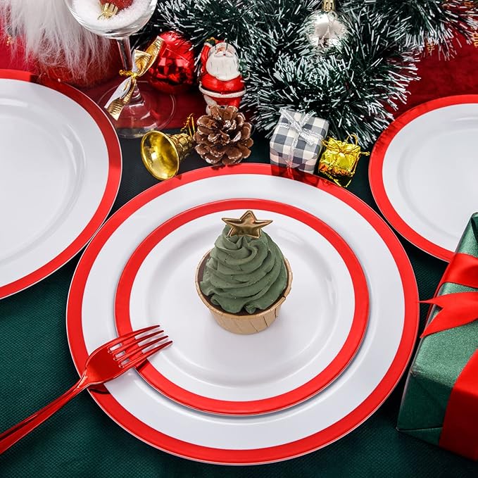 I00000 60PCS Red Plastic Plates White and Red Party Plates Disposable Christmas Plastic Plate Set Include 30 Dinner Plates, 30 Dessert Plates, Fancy Plates Perfect for Christmas Parties