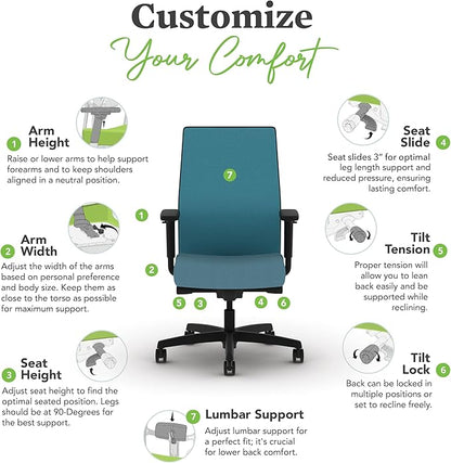 HON Ignition 2.0 Mid Back Task Chair, Spectrum Mesh, Advanced Synchro-Tilt Control, Office Chair with Lumbar Support, Height and Width Adjustable Arms, Black Frame, Sky
