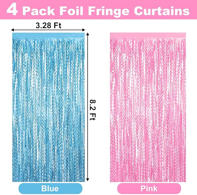 4 Pack Macaron Pink Blue Fringe Curtain Backdrop 3.2Ft x 8.2Ft Metallic Tinsel Foil Fringe Streamers Background for Photo Booth Mother's Day, Easter, Carnival, Birthday, Wedding Party Decoration