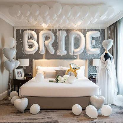 White Bridal Shower party decorations with pearl balloons Bridal Veil BRIDE Balloons Sash with Diamond Ring Heart Balloons Bridal Veil for Bachelorette Party Decor Bride To Be suppiles