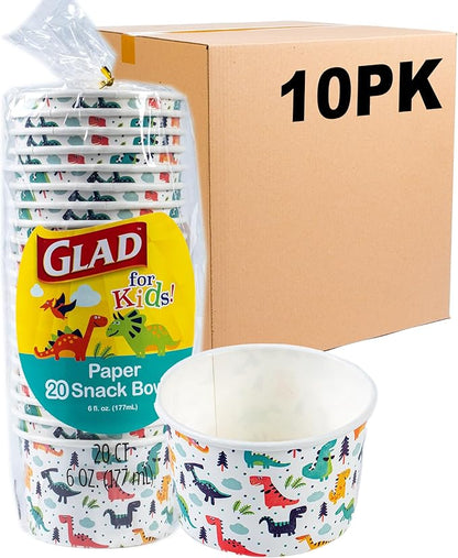 Glad for Kids Dinosaur Paper MINI Snack Bowls, Lids Not Included - Disposable Paper Cups with Dino Design for Kids, Heavy Duty Small Size, 6 Ounces, 20 Count - 10 Pack