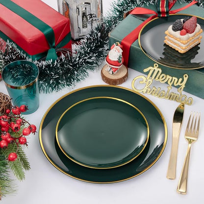 LIYH 180 Pcs Green and Gold Plastic Christmas Plates - Disposable Christmas Dinnerware sets, Green Dinner Dessert Plates, Gold Plastic Silverware Cups for Holiday, Party