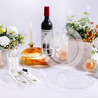 100PCS Clear Plastic Plates, Clear Disposable Plates for 50 Guests, 50 Dinner Plates 10.25 inch & 50 Dessert Plates 7.5 inch for Party, Graduation, Wedding