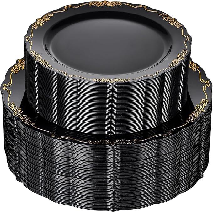 U-QE 100PCS Black Gold Plastic Plates - Heavy Duty Disposable Plates Including 50PCS 10'' Dinner & 50PCS 7.5'' Dessert Plates - Hard Plastic Plate for Party & Wedding