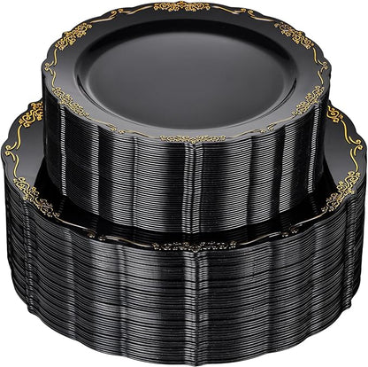 U-QE 100PCS Black Gold Plastic Plates - Heavy Duty Disposable Plates Including 50PCS 10'' Dinner & 50PCS 7.5'' Dessert Plates - Hard Plastic Plate for Party & Wedding