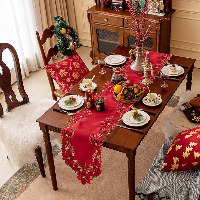 Joyfol Day Christmas Embroidered Red Table Runner 14 x 59 Inch, Cutwork Poinsettia Holly Leaves Acorns Table Runners, for Xmas Holiday Winter Festival Kitchen Dining Tabletop Decoration