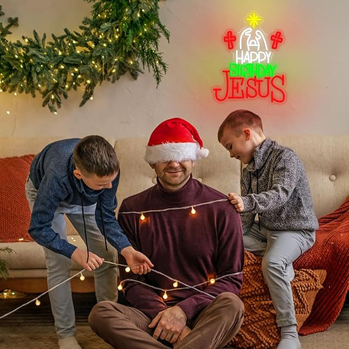Happy Birthday Jesus Neon Sign for Christmas Decor Cross Neon Light Sign Dimmable USB Led Christian Religious Neon Wall Decor for Church Home Nativity Scene Faith-Based Holiday Gift