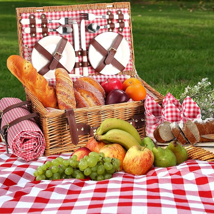 Neti Neti Wicker Picnic Basket for 4 with Insulated Cooler & Waterproof Blanket – Large Willow Picnic Hamper for Outdoor, Camping, Beach, Romantic Dates, Valentine’s Day