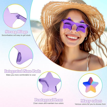 NACHLYNN 24 Pcs Pentagram Glasses Purple Rimless Star Shaped Sunglasses Transparent Sunglasses for Party Costumes Cosplay
