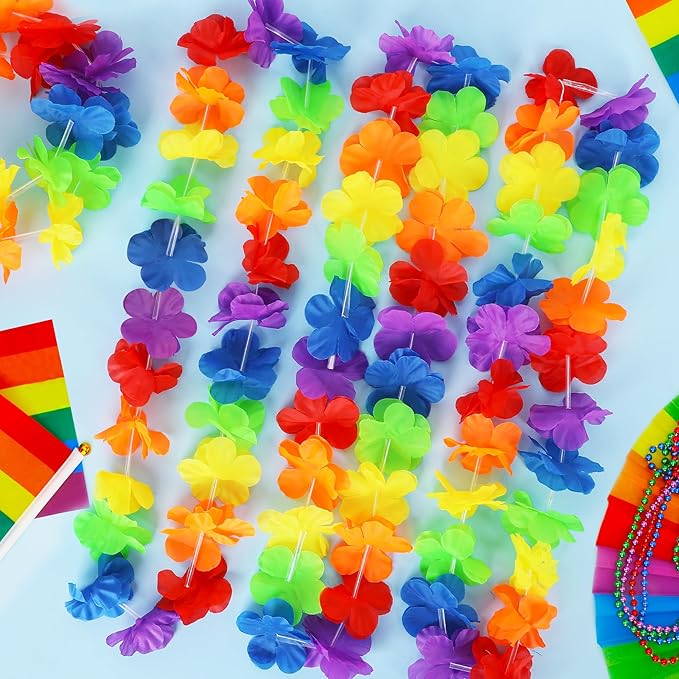 Pride Accessories, 24pcs LGBTQ Floral Leis Decorations Bulk, Rainbow Pride Month Silk Flower Leis Stuff, LGBT Gay Lesbian Accessories for Pride Parade Tropical Hawaiian Luau Party Decorations