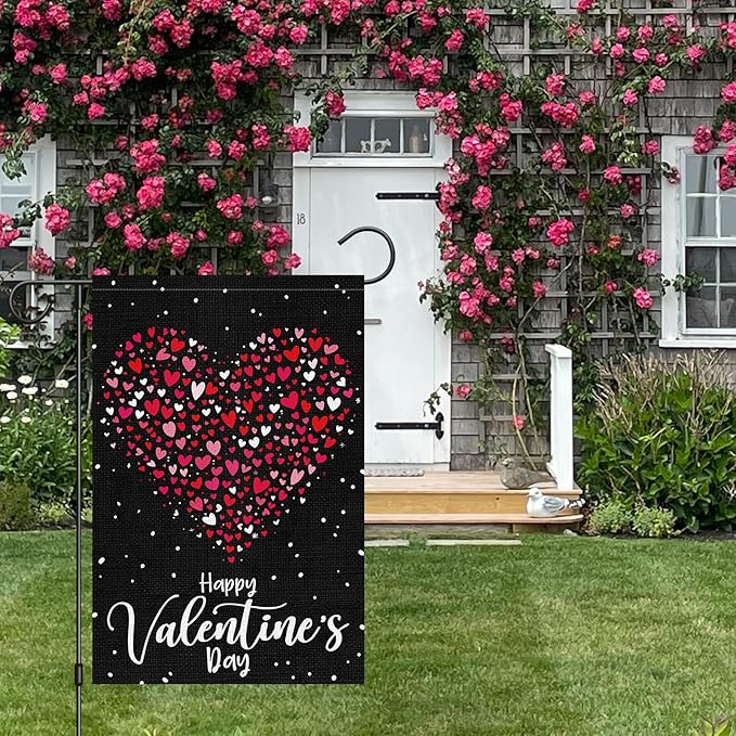 Heyfibro Happy Valentine's Day Garden Flag 12 x 18 Inch Double Sided Burlap, Love Heart Yard Flag Valentine’s Party Supplies for Anniversary Wedding Home Outdoor Decoration (ONLY FLAG)