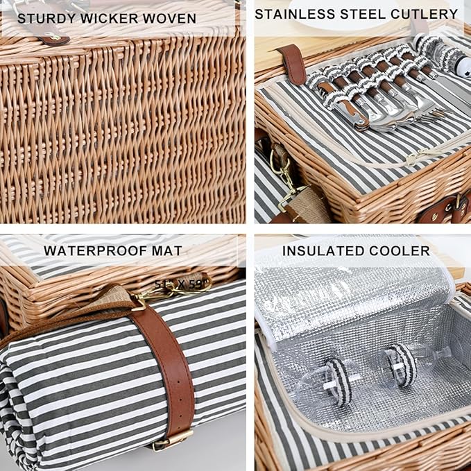 Multifunctional Wicker Picnic Basket Set for 2 with Blanket and Picnic Table, Insulated Picnic Set with Full Tablewares for Camping Outdoor Couples, Stripes
