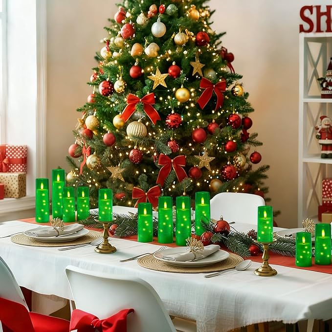 Raycare Flameless Candle with Remote Timer – 9 Flickering Acrylic Battery Operated LED Pillar Candles with Embedded Star String for Christmas, Home Decor, and as a Gift(Green)