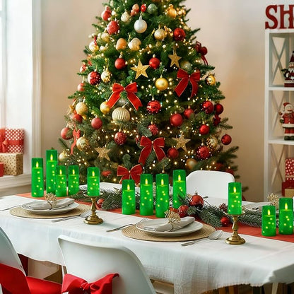 Raycare Flameless Candle with Remote Timer – 9 Flickering Acrylic Battery Operated LED Pillar Candles with Embedded Star String for Christmas, Home Decor, and as a Gift(Green)