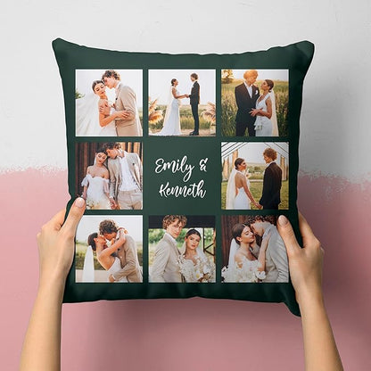 Custom 8 Photo Pillow Cover 16x16 Inch – Personalized Collage Picture Pillow with Optional Text, Custom Throw Pillowcase with Eight Photos, Optional Colors, Photo Gift for Family, Friends, Couples