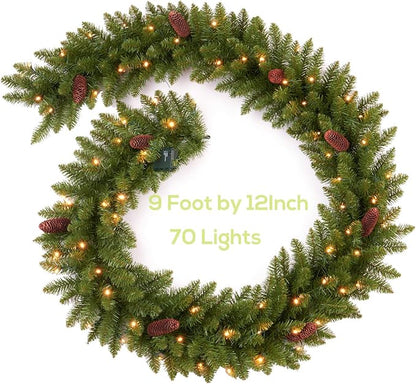 9 FT Christmas Garland Pre-lit 70 LED Lights Holiday Artificial Decor for Stairs Mantle Door Indoor Outdoor Garland with Battery Operated Timer