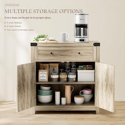 YESHOMY Coffee Bar and Accent Cabinet, Farmhouse Barn Door Buffet Sideboard with Drawer and Adjustable Shelf, Wide Desktop for Kitchen, Dining Room, Bathroom, Entryway, Oak