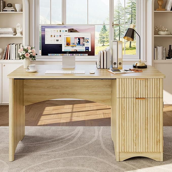 Bestier 47 inch Computer Desk with Drawer, Office Desk with File Cabinet, Modern Executive Desk Adjustable Shelves for Home Office Bedroom Study, Natual Oak