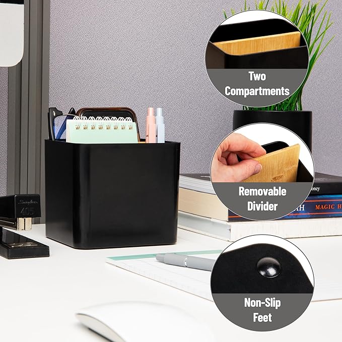 Mind Reader 2-Compartment Desktop Organizer, Removable Wood Divider, Non-Slip Base, Plastic and Wood, Black