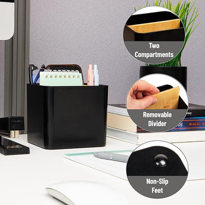 Mind Reader 2-Compartment Desktop Organizer, Removable Wood Divider, Non-Slip Base, Plastic and Wood, Black
