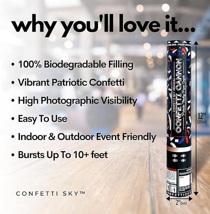Confetti Sky [6 Pack] 12 Inch Confetti Cannons | Confetti Poppers for Wedding Celebration, Birthday Party, Pranks, Graduation, Christmas Eve and New Year Celebration (Blue,red,white)