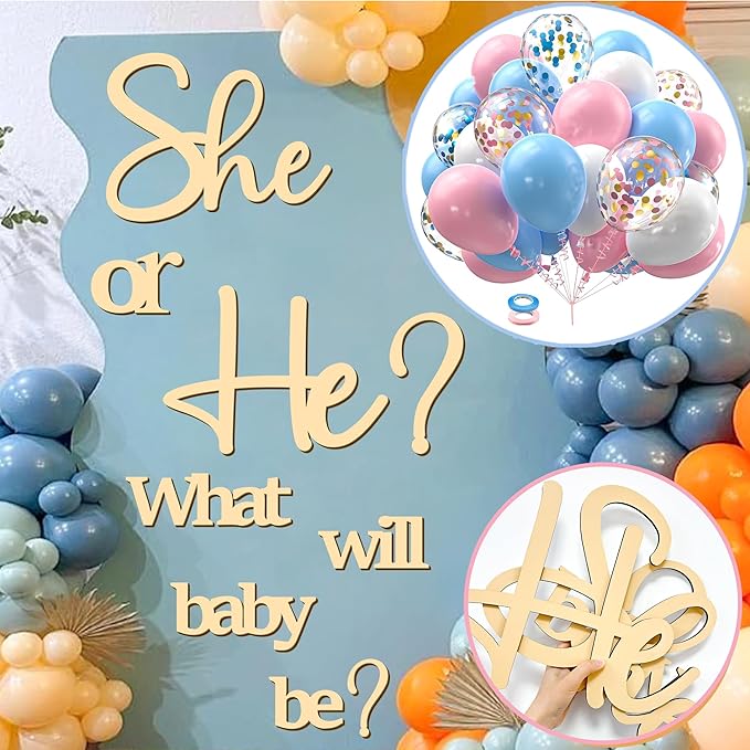 Large Wooden Gender Reveal Party Decor Backdrop Decals with 30 PCS Pink Blue Balloons He or She What Will Baby Be Balloon Arch Signs Colorable Boy or Girl Party Sticker Banner Baby Shower Photo Props