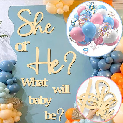 Large Wooden Gender Reveal Party Decor Backdrop Decals with 30 PCS Pink Blue Balloons He or She What Will Baby Be Balloon Arch Signs Colorable Boy or Girl Party Sticker Banner Baby Shower Photo Props
