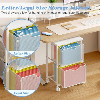 Letter/Legal Rolling File Cabinet, Rolling File Cart with 2 Drawers Filing Cabinet for Home Office, Hanging File Folders Organizer for Under Desk Storage, Mobile Printer Stand, White