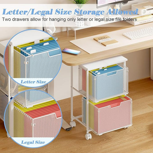Letter/Legal Rolling File Cabinet, Rolling File Cart with 2 Drawers Filing Cabinet for Home Office, Hanging File Folders Organizer for Under Desk Storage, Mobile Printer Stand, White