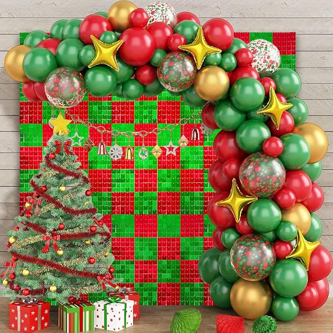 48 PCS Red Green Shimmer Wall Backdrop, Square Sequin Photo Backdrops Panel, Glitter Wall Background for Birthdays, Weddings, Christmas, Engagements, Disco Bachelorette Party Decoration (6FTx8FT)