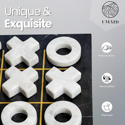 UMAID Luxury Marble Tic Tac Toe Game, Handcrafted 10" Onyx Board in Velvet Box, Solid Marble Set, Each Piece is Unique, Elegant Coffee Table or Office Decor, Unique Gift for Men, Women, Game Lovers