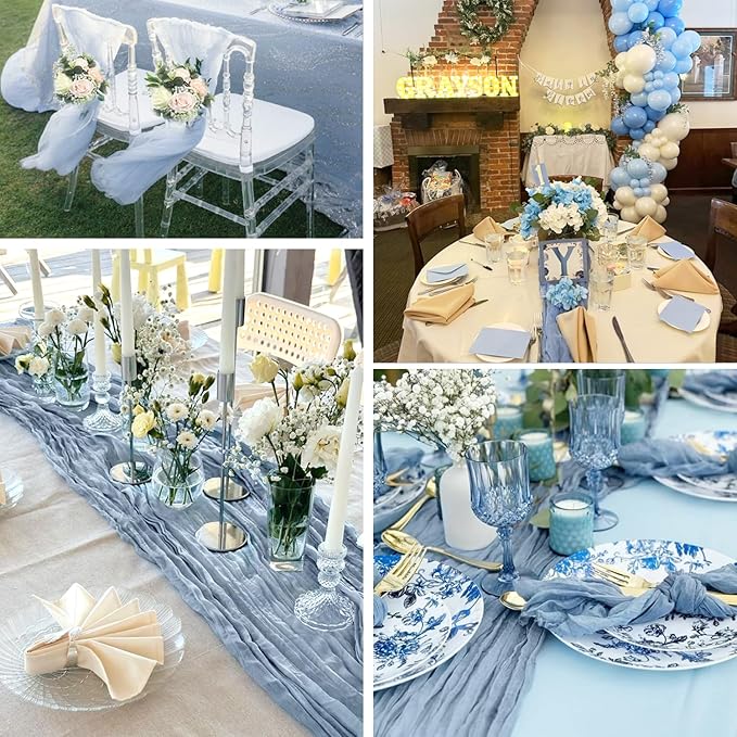 BLUETOP 6 Packs Dusty Blue Cheese Cloth Table Runner 35x120 Inch, Boho 10FT Gauze Cheesecloth Table Runner Sheer for Wedding Bridal Shower Holiday Party Christmas Table Decor