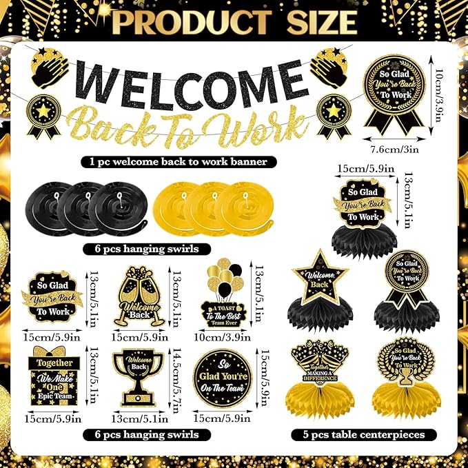 12pcs Welcome Back to Work Decorations Office Black Gold So Glad You're Back To Work Banner and Hanging Swirls Table Centerpieces Office Party Supplies for Indoors Outdoors